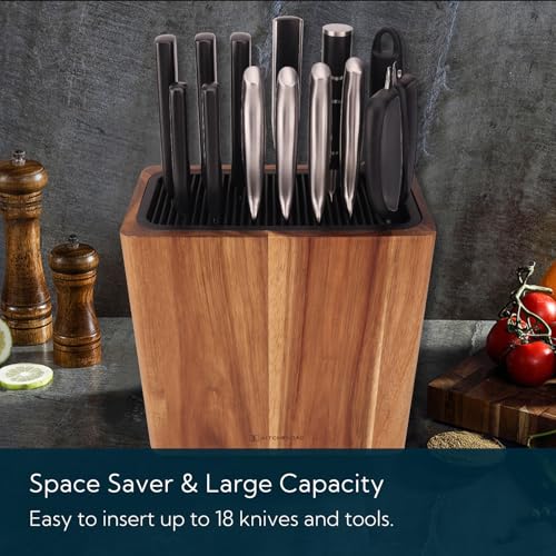 KITCHENDAO XL Acacia Wood Universal Knife Block with Slots for Scissors & Sharpening Rod, Space Saver