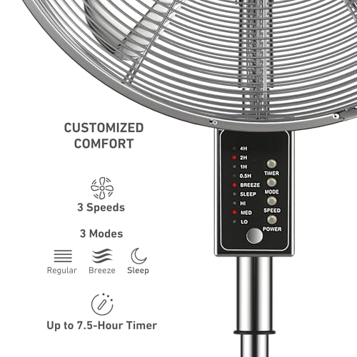 16-Inch Digital Oscillating Metal Stand Fan with Remote Control - 3 Speed Settings, Adjustable Height
