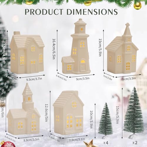 White Ceramic Christmas Village Houses Set with Timer & LED Lights
