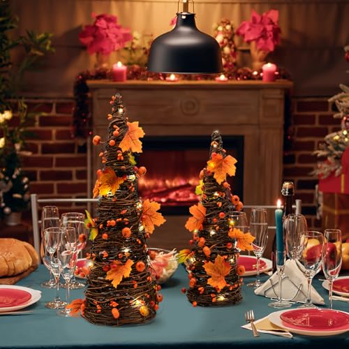Lighted Fall Tabletop Trees with Pumpkins and Berries - Rustic Thanksgiving Decor - Orange, Yellow, Brown