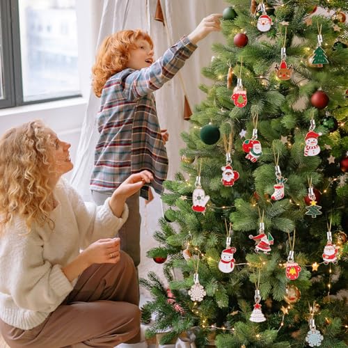 48 PCS Mini Christmas Ornaments Small Tree Decorations Christmas Charms for Jewelry Making with Gold Rope for Xmas Craft Hanging Decor