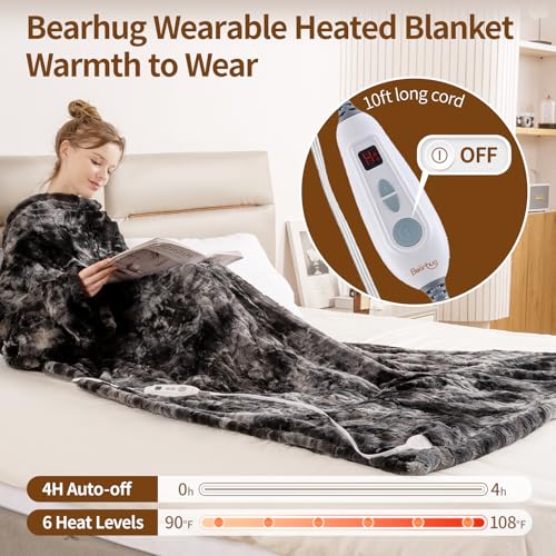 Marble Black Wearable Heated Blanket with Foot Pockets & Sleeves - 50x70+18 Inches, Faux Fur & Sherpa, 6 Heat Levels, Auto-Off, Machine Washable