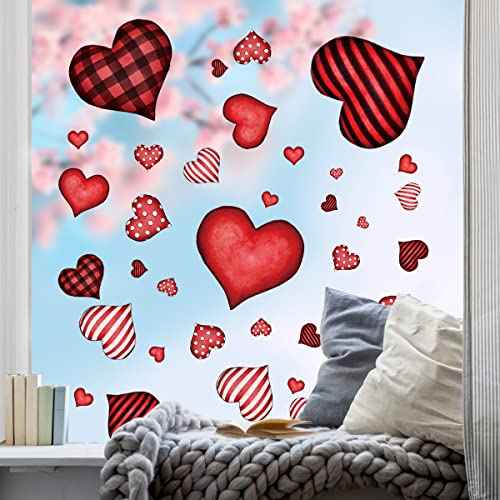 Horaldaily 120 PCS Valentine Window Cling Sticker, Red Buffalo Plaid Stripe Dots Love Hearts Home Party Supplies Shop Window Glass Display Decoration