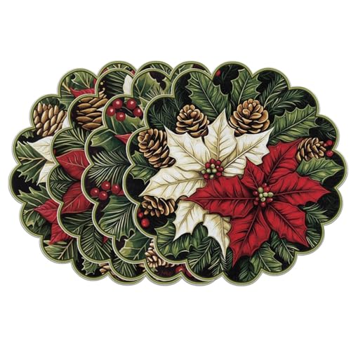 Set of 4 Christmas Placemats, 15 in Holly Leaves Red & Green