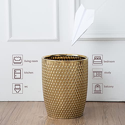 Modern Gold Ceramic Trash Can Wastebasket for Bathroom & Home Office - Compact & Stylish