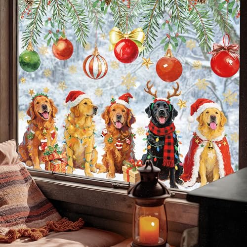 Christmas Window Clings Xmas Puppy Theme Reusable Window Decals for Holiday Home School Office Glass Decor, 2 Sheets