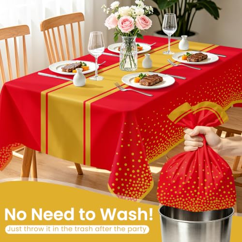 LIKAJON 2 Pack Red and Gold Waterproof Tablecloths 54x108 Inch for Parties