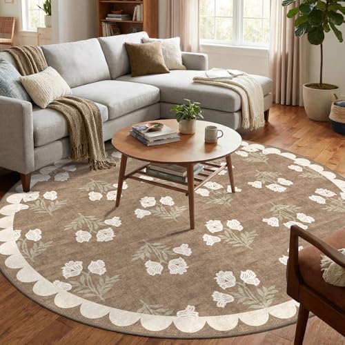 Round Area Rug 6ft - Soft Washable Vintage Floral Carpet for Living Room - Tan