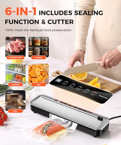 Vacuum Sealer Machine 75KPa, 6-in-1 Dry/Moist Modes, Digital Timer