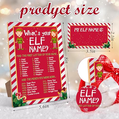 Mysrin Christmas01 What’s Your Elf Name? Wooden Sign Game with Stand + 50 Cards, Party Family Christmas