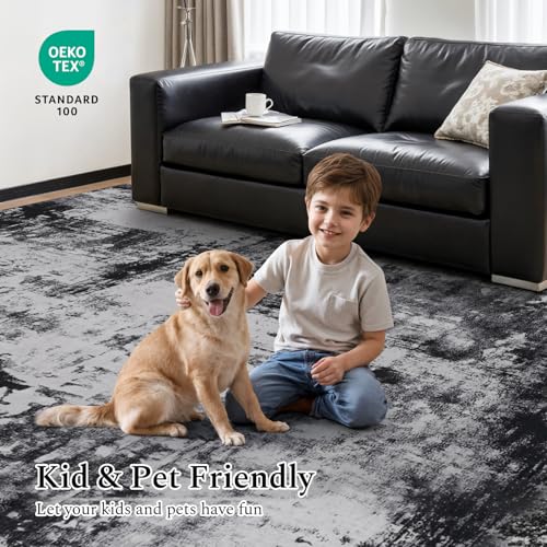Rugflix 8x10 Black Grey Abstract Washable Area Rug - Modern, Soft & Non-Slip