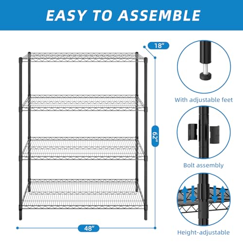 Heavy Duty Wire Shelving Unit - 48 Inch Length, Black, 4-Tier Industrial Storage Rack