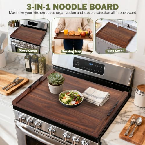 Wood Stove Top Cover with Handles - Walnut Noodle Board for Kitchen Counter Space