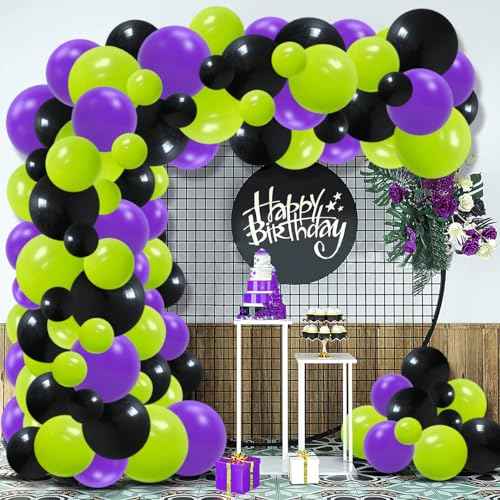 Lime Green Purple Black Balloon Garland Arch, 122PCS Lime Green Purple Balloons Black Purple Balloons for Hero Racing Car Truck Birthday Video Game Halloween Props Decorations