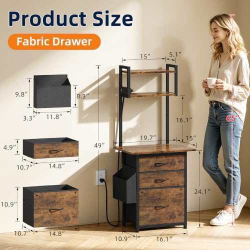 HIGDBFE Rustic Brown 49'' Tall 3-Drawer File Cabinet with Charging Station