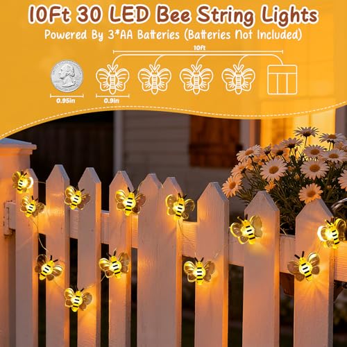 Coquimbo Bee Lights Room Decor, Christmas Gifts for Women Teen Girls Boys, 10ft 30 LED Cute Honey Bee String Fairy Lights Battery Operated, Bee Decorations for Bedroom Dorm Classroom Plants Wedding