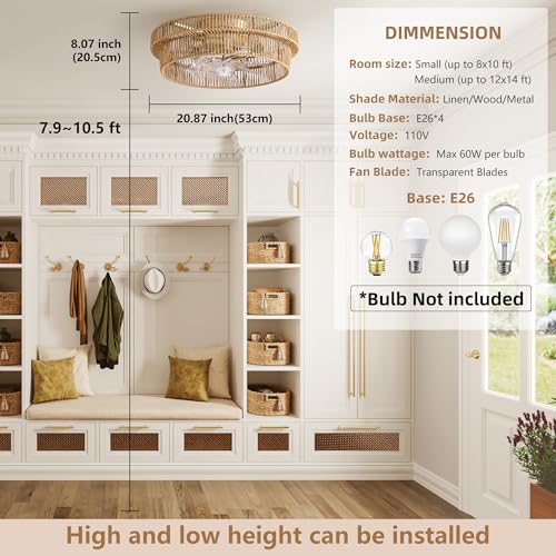 Brown Rattan Boho Ceiling Fan with Light 20 Inch Flush Mount Low Profile