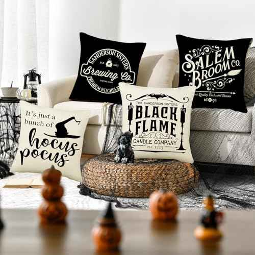 LEIOH Halloween Decorations Pillow Covers 18x18 Set of 4 Halloween Decor Hocus Pocus Farmhouse Saying Fall Decor Pillows for Home Sofa Couch