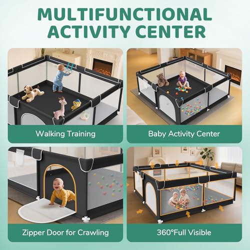 Black Baby Playpen 79x71 Inch Indoor Outdoor Safety Toddler Enclosure