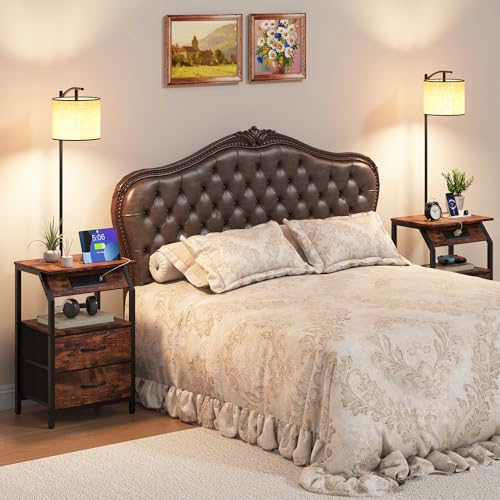 End Table with Floor Lamp and Charging Station - Brown 2 Drawers