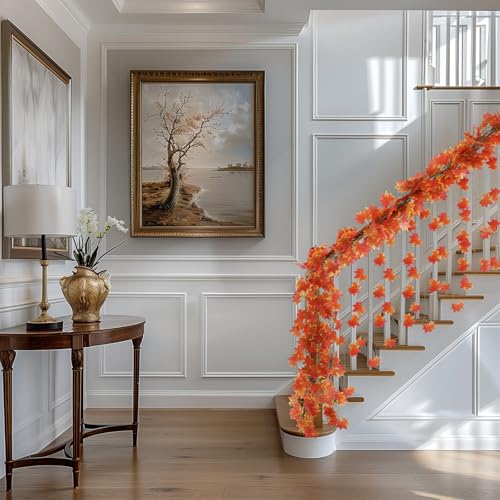 Fall Leaf Garland for Room Decor(12 Pack),Artificial Maple Leaves,Autumn Hanging Vines Red Ivy Plant for Bedroom Wall Decor Thanksgiving Halloween Christmas WeddingParty Garden Fireplace