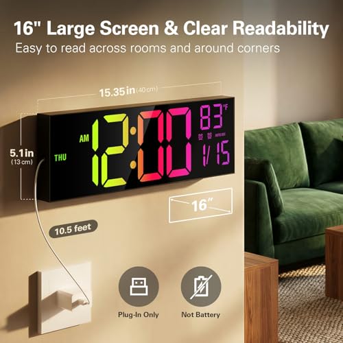 JALL 16-Inch Digital Wall Clock with RGB Colors & Bluetooth - Black