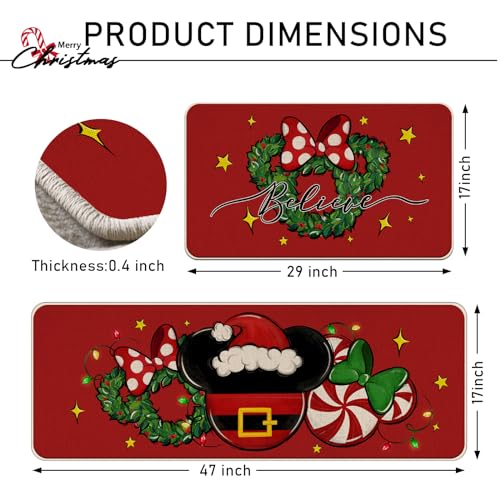 Tailus Christmas Believe Santa Red Kitchen Rugs Set of 2, Red Mouse