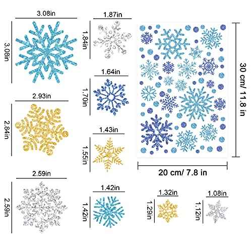 Whaline 541Pcs Winter Snowflake Window Clings Stickers Double-Sided White Silver Blue Gold Christmas Window Decals for Frozen New Year Home Shop Windows Glass Display Decoration, 9 Sheets