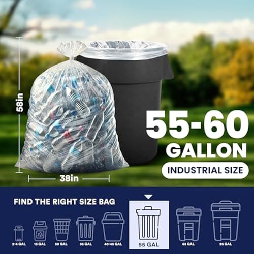 Heavy Duty 55-60 Gallon Trash Bags - Clear, 2 Mil Thick, 50 Pack