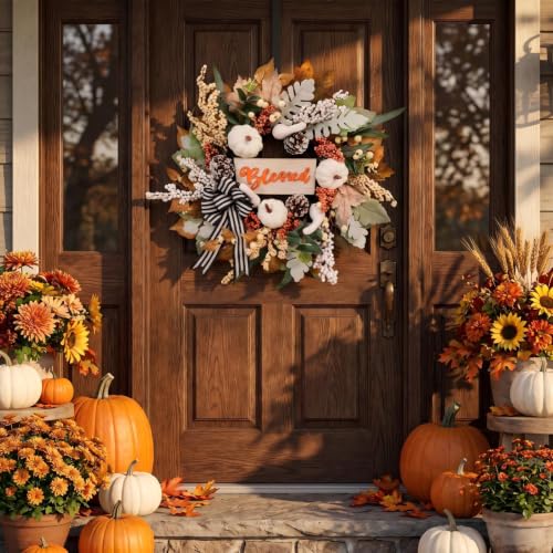 Fall Wreath for Front Door 22 Inch Autumn Harvest Decor with White Pumpkin & Ribbon Bow