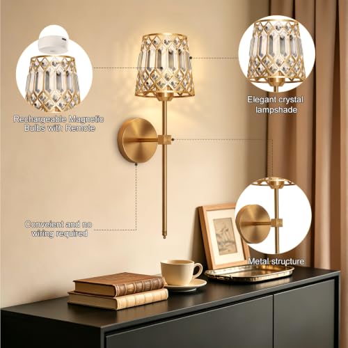 Rayspan Gold Rechargeable Wireless Crystal Wall Sconces Set of 2 with Remote, Dimmable RGB & CCT, Easy Installation