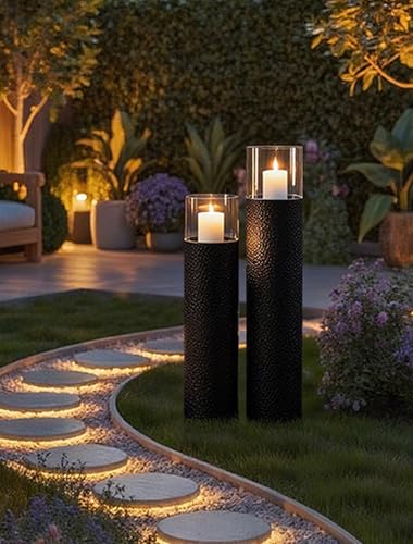 Sziqiqi Tall Floor Candle Holders Set - 27.95in & 34.65in Black Hurricane Pillar Candle Holders with Glass, Modern Home Decor