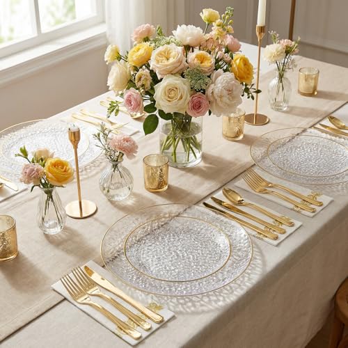 Clear Gold Hammered Plastic Plates Set - Disposable Dinnerware for Party, 350 Pcs