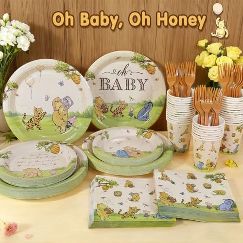 Lopeastar Winnie Bear Baby Shower Plates Set for 50 Guests - Neutral Design