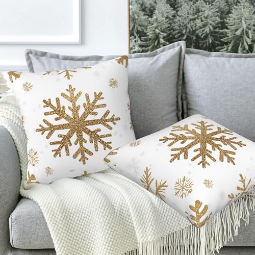 Naqiuli Snowflake with Gold Glitter Throw Pillow Covers Set of 2 18x18 Inches Christmas Decor