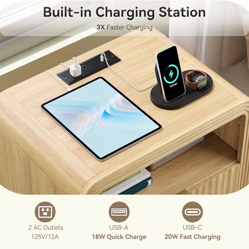 Nightstand with Charging Station - Oak Fluted Design, 2 Drawers - Natural Oak, 1 Pack