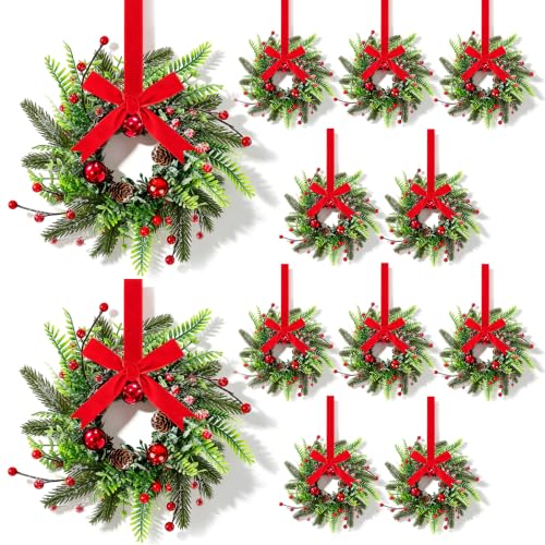 YLOLUL 12 Pcs Mini Christmas Wreaths with Ribbon - 9 Inch Holiday Kitchen Decorations