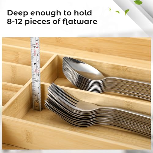 Fabsome Expandable Silverware Organizer Tray 19.3'' Bamboo Cutlery Holder for Large Kitchen Drawers