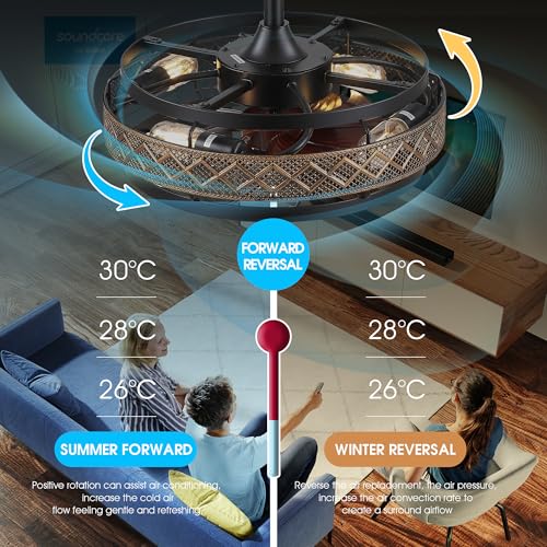 SHIHOT 18-Inch Retro Black Industrial Cage Ceiling Fan with Lights & Remote - Reversible, Quiet Operation