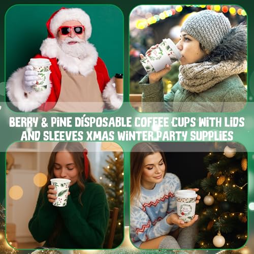 100 Set Christmas Disposable Coffee Cups with Lids Sleeves 14 oz Mug