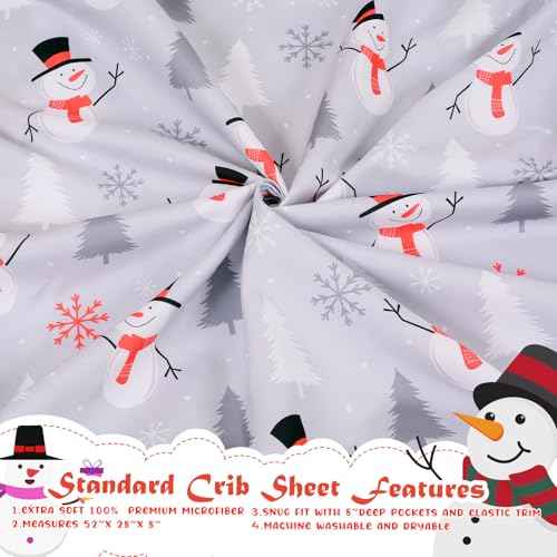Christmas Crib Sheet, Fitted Crib Sheet with Christmas Snowman, Snowflake, Pine Tree, Measuring 52'' x 28'' to fit Standard Crib & Toddler Mattresses, Gray