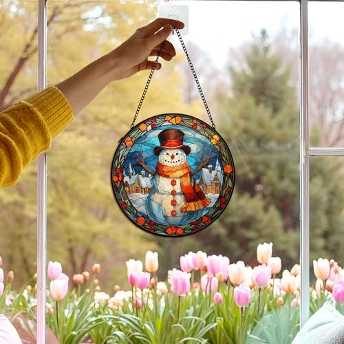 CVJUTF Snowman Suncatcher - 7.9in Stained Glass Window Hanging Decor (Snowman Variant)