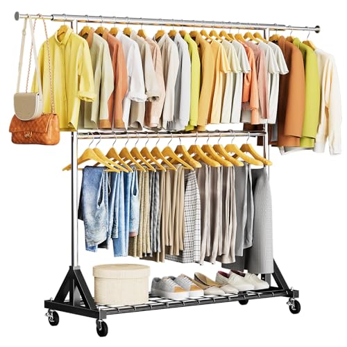 Heavy Duty Clothes Rack with Lockable Wheels - 600 LBS Capacity, Black + Silver
