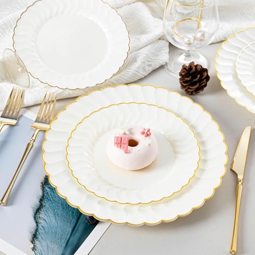 Ivory Scalloped Plastic Plates with Gold Rim - 96pcs Party & Wedding Set - Ivory 96pcs