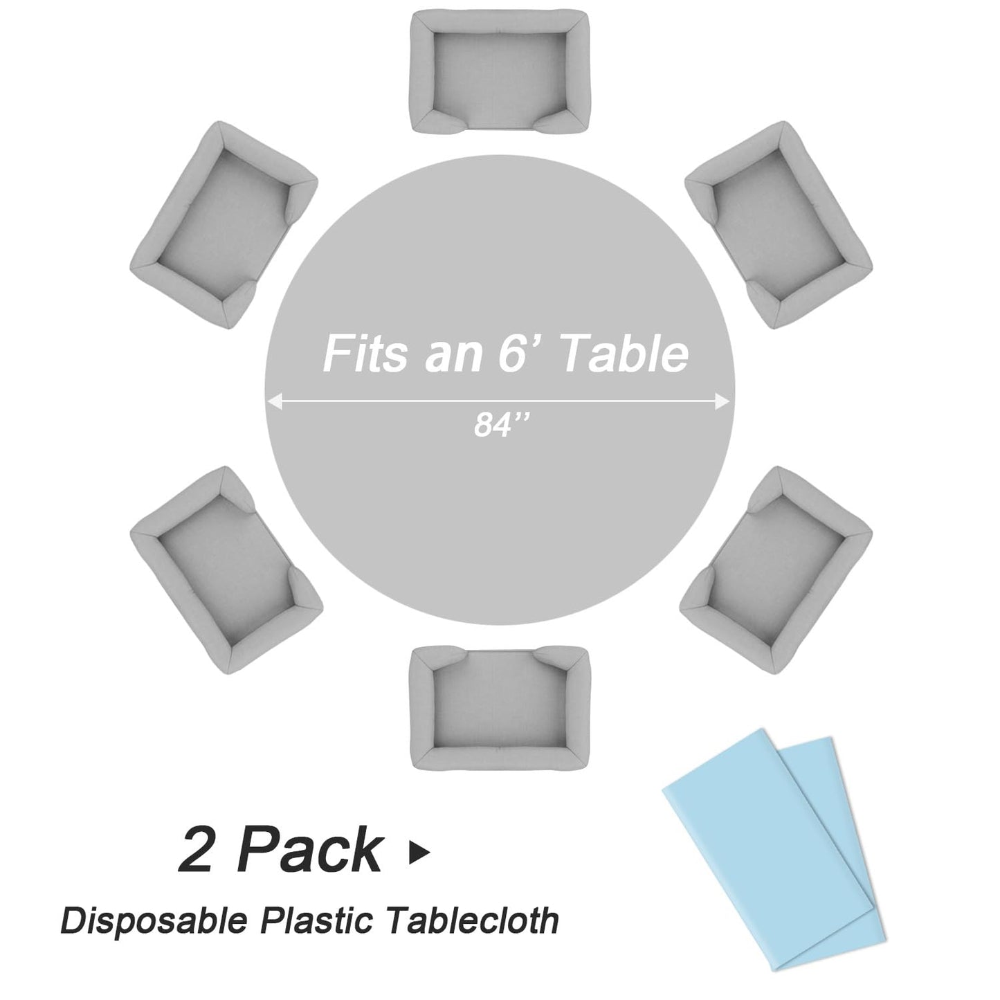 QIKSION Light Blue Round Tablecloth 2 Pack, 84 Inch Plastic Table Cover Disposable for Parties