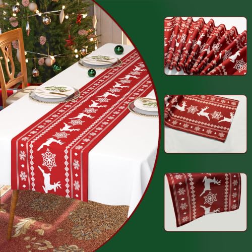 Reindeer Red Christmas Table Runner 72 Inches Long - Faux Linen Holiday Decor