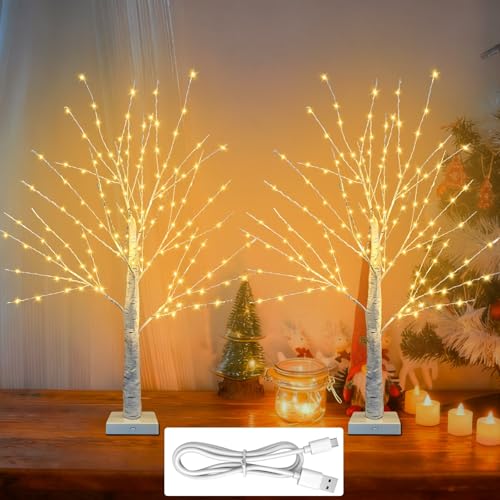 FastDeng 24 Inch Birch Tree with 144 LED Lights - Twinkling Indoor Christmas Decor - 2 Pack, USB/Battery Powered, Timer, Warm White
