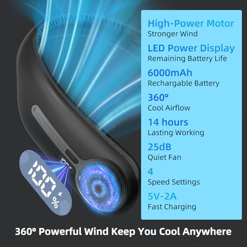 Black Portable Neck Fan, Rechargeable Bladeless Personal Wearable Fan with LED Display