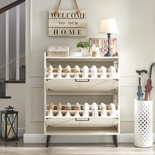 Antique White Barnyatoh Shoe Storage Cabinet with 2 Flip Drawers, Hidden Shoe Organizer