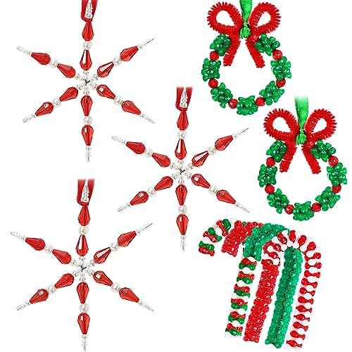GYGOT Christmas Crafts for Adults,30 Sets Christmas Beaded Ornament Kit to Make-Incl. 6 PC Snowflake/12 PC Wreath/12 PC Candy Cane(Assembly Needed)